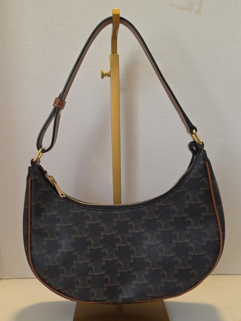 Celine Medium Ava Shoulder Bag Triomphe Canvas Tan Calfskin